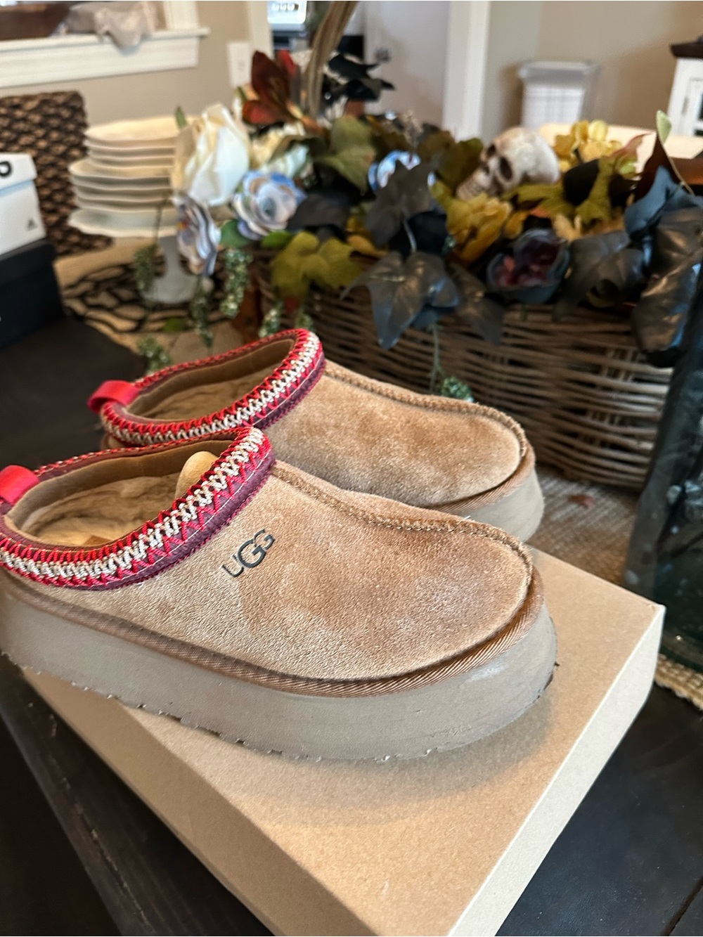 UGG Chestnut Suede Slip-On Mules with Red Trim